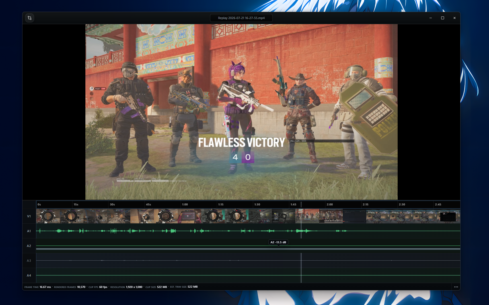 Clip Trimmer showing a loaded video with timeline thumbnails and audio lanes.